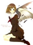  bad_id bad_pixiv_id brown_eyes brown_hair feathers original school_uniform serafuku short_hair sitting skirt socks solo tate_(donnguriumai) wings 