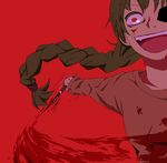  blood braid brown_hair crazy crazy_eyes grin insane knife kouya_(56-3_4_loved) long_hair long_sleeves lowres madotsuki open_mouth red red_eyes short_hair smile solo sweater twin_braids twintails weapon yandere yume_nikki 