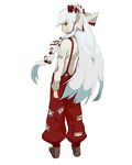  bad_id bad_pixiv_id bow from_behind fujiwara_no_mokou hair_bow long_hair long_sleeves looking_at_viewer looking_back luv ofuda pants red_eyes silver_hair simple_background solo standing suspenders touhou very_long_hair white_background 
