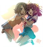  bad_id bad_pixiv_id brown_eyes brown_hair crossover e-nya hairband hirasawa_yui holding_hands jumping k-on! kita_high_school_uniform kyoto_animation lowres multiple_girls sakuragaoka_high_school_uniform school_uniform serafuku short_hair suzumiya_haruhi suzumiya_haruhi_no_yuuutsu 