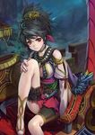  bare_shoulders black_hair breasts choker cleavage detached_sleeves hair_ornament hair_up jewelry large_breasts leg_garter legs looking_at_viewer mismatched_legwear necklace night night_sky original red_eyes ryuutetsu shooting_star sitting sky solo 
