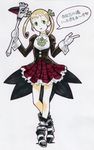  cardcaptor_sakura cosplay gloves gorigo green_eyes highres kinomoto_sakura kinomoto_sakura_(cosplay) maka_albarn marker_(medium) plaid plaid_skirt scythe short_hair skirt solo soul_eater traditional_media white_gloves 