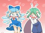  2girls 4chan antennae awesome_face azzie_(az_man_studios) bad_id bad_pixiv_id blue_eyes blue_hair blush_stickers bow cape caramelldansen cirno closed_eyes dancing green_hair hair_bow multiple_girls pants parody short_hair touhou wings wriggle_nightbug 