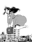  aku_to_diamond bad_id bad_pixiv_id bag city flying greyscale horns kneehighs long_hair lum monochrome school_bag school_uniform serafuku socks solo urusei_yatsura 