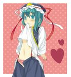  green_eyes green_hair green_nails hat legomaru midriff mouth_hold nail_polish navel shiki_eiki shirt_lift short_hair solo sweatdrop touhou 