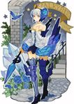  9_(saki-ooo-kiyu) armor armored_dress bad_id bad_pixiv_id bare_shoulders bird blue_eyes blue_flower blue_rose boots choker crown crystal dress elbow_gloves flower gloves gwendolyn hair_ornament hat odin_sphere polearm rose short_hair solo spear strapless strapless_dress thigh_boots thighhighs valkyrie weapon white_hair wings 