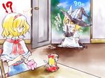  2girls alice_margatroid bad_id bad_pixiv_id blonde_hair braid doll hairband hat holding_needle kirisame_marisa multiple_girls myama needle ribbon sewing short_hair touhou witch_hat yellow_eyes younger 