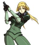  armor bad_id bad_pixiv_id blonde_hair blue_gender bodysuit breasts contrapposto covered_navel gauntlets gloves green_bodysuit green_eyes gun gus_(clarkii) handgun large_breasts looking_at_viewer marlene_angel parted_lips pistol simple_background solo standing twintails weapon white_background 