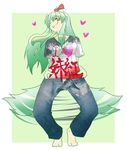  :3 alternate_costume azzie_(az_man_studios) bad_feet bad_id bad_pixiv_id barefoot clothes_writing contemporary ex-keine green_hair heart horn_ribbon horns i_heart... kamishirasawa_keine long_hair naughty_face panties pants rape_face red_eyes ribbon shirt smirk solo striped striped_panties t-shirt tail tail_wagging touhou underwear unzipped you_gonna_get_raped 