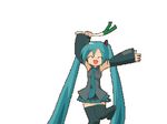  animated animated_gif aqua_hair arms_up dancing detached_sleeves hatsune_miku long_hair lowres necktie simple_background skirt smile solo spring_onion thighhighs twintails vocaloid wunimo zettai_ryouiki 