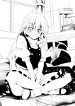  bad_id bad_pixiv_id between_thighs book braid broom curtains floor greyscale hat indian_style kirisame_marisa mary_janes monochrome reading shoes side_braid sitting smile socks solo touhou tro v_arms window witch_hat 