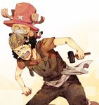  antlers bad_id bad_pixiv_id black_hair grin hammer hat male_focus mcr nail one_piece overalls pink_hat smile tony_tony_chopper usopp 
