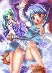  bad_id bad_pixiv_id blue_eyes blue_hair detached_sleeves feet frog geta green_eyes green_hair hair_ornament heterochromia karakasa_obake kochiya_sanae long_hair motatei multiple_girls panties purple_umbrella red_eyes sandals short_hair snake tatara_kogasa toes tongue touhou umbrella underwear 