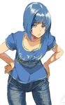  blue_eyes blue_hair clothes_writing denim jeans kotoba_(kotobato) original pants shirt solo t-shirt 