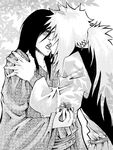  2boys gift jiraiya kiss male_focus monochrome multiple_boys naruto orochimaru present slippeddee tongue yaoi 