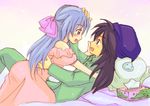  1girl bad_id bad_pixiv_id bed black_hair blue_hair blush bow couple dragon_quest dragon_quest_v dress eijima_moko eye_contact flora girl_on_top hair_bow half_updo hat hero_(dq5) hetero looking_at_another pajamas petting pink_bow profile slime_(dragon_quest) tissue 