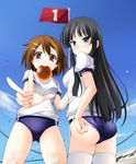  adjusting_buruma adjusting_clothes adjusting_panties akiyama_mio ass black_eyes black_hair bread bread_eating_race brown_eyes brown_hair buruma flag food gym_uniform hirasawa_yui k-on! long_hair looking_back mouth_hold multiple_girls narutaki_shin numbered_flag panties panties_under_buruma short_hair sports_festival striped striped_panties thighhighs underwear v 