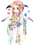  bespectacled bracelet glasses hair_ornament hairclip head_wings heart highres japanese_clothes jewelry koakuma legomaru red_eyes red_hair solo touhou traditional_media watercolor_(medium) wings 