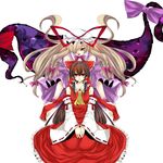  alternate_costume bad_id bad_pixiv_id bare_shoulders blonde_hair bow braid brown_hair detached_sleeves dress eyes gap hair_bow hair_over_one_eye hakurei_reimu hat hat_ribbon large_bow lips lipstick long_hair makeup multiple_girls nail_polish purple_dress purple_nails red_eyes red_lipstick ribbon sitting touhou v_arms wrist_cuffs yakumo_yukari yellow_eyes yutazou 