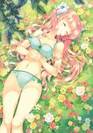  bra closed_eyes field flower frills hair_ornament hands_clasped lingerie long_hair lying on_back original own_hands_together panties pink_hair side-tie_panties sleeping solo striped striped_bra striped_panties takeda_mika thighs twintails underwear underwear_only very_long_hair 