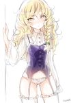  alternate_costume blonde_hair blouse blush braid garter_straps hair_ribbon highres kirisame_marisa lingerie long_hair ribbon rosette_(roze-ko) side_braid sketch solo thighhighs touhou tress_ribbon underwear wavy_hair white_blouse white_legwear wide_sleeves yellow_eyes 