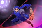  blue_hair fate/stay_night fate_(series) full_moon gae_bolg lancer long_hair male_focus moon nakata_shunpei polearm ponytail pose red_eyes signature sky solo spear weapon 