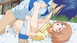  1girl blue_eyes blush bottomless boy_on_top brother_and_sister cardfight!!_vanguard folded goro73 hetero highres incest knees_on_chest lying missionary on_back on_bed open_mouth orange_hair sendou_aichi sendou_emi sex shirt_lift short_hair siblings tears 