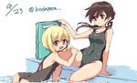  :d ass black_ribbon blonde_hair blue_eyes bob_cut brown_eyes brown_hair covered_navel dated erica_hartmann gertrud_barkhorn hair_ribbon hands_on_another's_thighs kodamari long_hair looking_at_another multiple_girls one-piece_swimsuit open_mouth partially_submerged pool ribbon short_hair smile strike_witches swimsuit twintails twitter_username water wet world_witches_series 