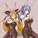  animal_ears between_breasts blue_eyes blue_hair blush book bow braid breast_suppress breasts brown_eyes bunny_ears bunny_girl bunnysuit cleavage detached_collar draph fake_animal_ears glasses gloves granblue_fantasy hair_bow highres horns large_breasts light_brown_hair long_hair looking_at_viewer multiple_girls namari_fudetarou necktie necktie_between_breasts open_mouth pantyhose pointy_ears sarya_(granblue_fantasy) smile therese_(granblue_fantasy) white_gloves 