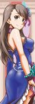  ass bangs bare_shoulders blue_dress blue_eyes brown_hair choker dress frills hair_ornament highres idolmaster idolmaster_cinderella_girls long_hair looking_back namari_fudetarou nishikawa_honami ribbon smile solo swept_bangs 