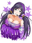  bare_shoulders breasts bursting_breasts cheerleader cleavage elbow_gloves gloves green_eyes grin headset huge_breasts ky_kosuke long_hair looking_at_viewer love_live! love_live!_school_idol_project pom_poms purple_hair smile solo star takaramonozu toujou_nozomi twintails 