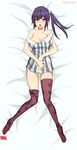  absurdres bed_sheet breasts cleavage collarbone dakimakura full_body hair_ornament hairband highres imai_midori large_breasts long_legs lying norman_maggot open_mouth shirobako solo underwear 