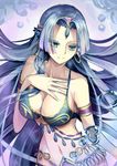  armlet bare_shoulders blue_hair breasts bubble cleavage collarbone colored_eyelashes earrings floating_hair forehead_jewel green_eyes hand_on_own_chest harem_outfit hoop_earrings jewelry kouyafu large_breasts long_hair margarite_(monster_strike) monster_strike navel solo upper_body very_long_hair 