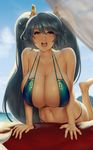  aqua_hair arm_support bare_shoulders barefoot beach bikini blue_bikini breasts cleavage day eu03 hanging_breasts huge_breasts league_of_legends lips long_hair looking_at_viewer micro_bikini navel open_mouth outdoors solo sona_buvelle strap_gap swimsuit thong_bikini twintails very_long_hair yellow_eyes 