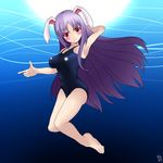  animal_ears arm_up armpits bad_id bad_pixiv_id barefoot blush bunny_ears finger_gun highres kurono_alice long_hair one-piece_swimsuit purple_hair red_eyes reisen_udongein_inaba school_swimsuit solo swimsuit touhou very_long_hair 