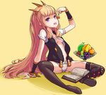  arm_support bad_id bad_pixiv_id black_legwear bracelet breasts cagliostro_(granblue_fantasy) cherry crown eating food fruit fruit_bowl granblue_fantasy jewelry light_brown_hair long_hair looking_at_viewer open_clothes open_mouth open_shirt panties shirt shoes single_shoe sitting skirt skirt_removed small_breasts solo tacta thighhighs underwear very_long_hair wet 