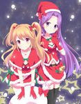  aikatsu! aikatsu!_(series) black_legwear blonde_hair blush christmas gloves hat index_finger_raised kanzaki_mizuki kurono_yuzuko long_hair looking_at_viewer multiple_girls natsuki_mikuru purple_eyes purple_hair red_eyes red_gloves sack santa_costume santa_hat smile star thighhighs two_side_up 