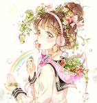  blush brown_eyes brown_hair bug dated digital_media_player eating flower food food_in_mouth food_themed_hair_ornament freckles fruit hair_bun hair_ornament hairpin headphones hood_basket hoshii_hisa insect jewelry ladybug looking_back mouth_hold original plant rainbow ring scarf school_uniform sepal_removed serafuku sign solo strawberry strawberry_hair_ornament water_drop 