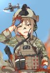  a-10_thunderbolt_ii aircraft airplane america american_flag assault_rifle ayyh bad_id bad_pixiv_id blood brown_eyes brown_hair building camouflage commentary_request fang fire firing from_below glasses gloves gun hand_on_own_head headset helmet highres load_bearing_vest looking_down magazine_(weapon) military military_uniform open_mouth original out_of_frame rifle sky sling smoke soldier solo_focus sweat tourniquet uniform war weapon 