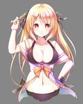  bad_id bad_pixiv_id bare_shoulders bikini black_bikini blonde_hair blush breasts cleavage grey_background hair_ornament hair_ribbon hairclip hand_on_hip highres large_breasts long_hair looking_at_viewer mole mole_under_eye navel no_legs original ribbon sekiyu. shiny shiny_hair simple_background smile solo swimsuit twintails yellow_eyes 