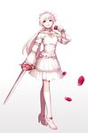  albino female flower frills hair_flower hair_ornament high_heels holding holding_sword holding_weapon long_hair long_sleeves mr._yvk original ponytail red_eyes red_flower red_rose ribbon rose sleeves_past_wrists socks solo sword weapon white_background white_hair white_legwear white_socks 