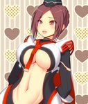  :d armor arms_behind_back asamura_hiori blush breastplate breasts cape center_opening edea_cluster eyes_visible_through_hair faulds garrison_cap groin hat heart heart_background hips large_breasts leotard looking_at_viewer navel necktie no_bra open_mouth pauldrons phantasy_star phantasy_star_online_2 polka_dot purple_eyes purple_hair seraphy short_hair smile striped striped_background turtleneck underboob upper_body vertical-striped_background vertical_stripes wide_hips 