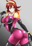  absurdres angry ass blue_eyes blush bodysuit breasts commentary_request covered_nipples earrings g_gundam gundam hairband highres jewelry kogawawaki large_breasts looking_at_viewer mobile_trace_suit rain_mikamura shiny shiny_clothes shiny_skin short_hair skin_tight solo thong 