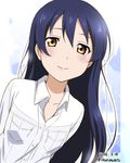  2015 bangs blue_hair breast_pocket brown_eyes collared_shirt dated ikari_manatsu long_hair looking_at_viewer love_live! love_live!_school_idol_project pocket shirt smile solo sonoda_umi twitter_username upper_body white_shirt 