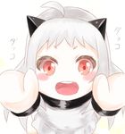  :d chibi dress horns kantai_collection long_hair looking_at_viewer mittens northern_ocean_hime open_mouth red_eyes shinkaisei-kan simple_background smile solo white_background white_dress white_hair yuzuzukushi 