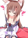  animal_ears asn_s bare_shoulders blush breasts brooch brown_hair cleavage closed_eyes collarbone facing_viewer heart highres imaizumi_kagerou jewelry large_breasts long_hair long_sleeves simple_background smile solo touhou upper_body v_arms white_background wolf_ears 