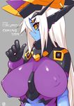  blue_skin bodysuit breasts covered_nipples extra_eyes hat highres huge_breasts impossible_clothes large_breasts long_hair mecha_musume original profile purple_bodysuit robot_ears solo upper_body wasanbon_(atwazooka) white_hair yellow_eyes 