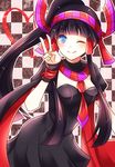  ;) bad_id bad_pixiv_id black_dress black_hair blue_eyes blush checkered checkered_background chisa dress egyptian hairband heart high_ponytail jewelry long_hair necklace nephthys_(p&amp;d) one_eye_closed outline ponytail puffy_short_sleeves puffy_sleeves puzzle_&amp;_dragons short_sleeves smile solo v 