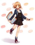  blush doughnut envelope food french_cruller full_body highres key keyring miyamori_aoi open_mouth pon_de_ring shirobako shoes short_hair solo tessaku_ro white_background 