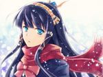  :o bad_id bad_pixiv_id black_hair blue_eyes bow chisa egyptian hair_tubes hairband isis_(p&amp;d) long_hair open_mouth pink_bow puzzle_&amp;_dragons red_scarf scarf school_uniform snow solo upper_body 